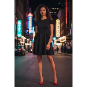 Ted Baker Deneese Black Skater Dress Sz 10 Ruffle Sleeves Pockets Rose Gold Zip